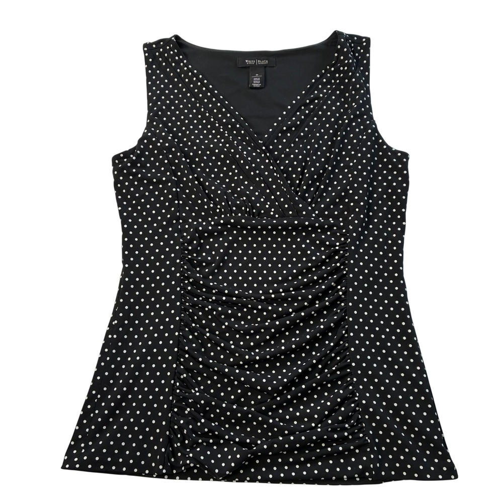 White House Black Market Polka Dot Ruched Surplice V-Neck Sleeveless Top M Black